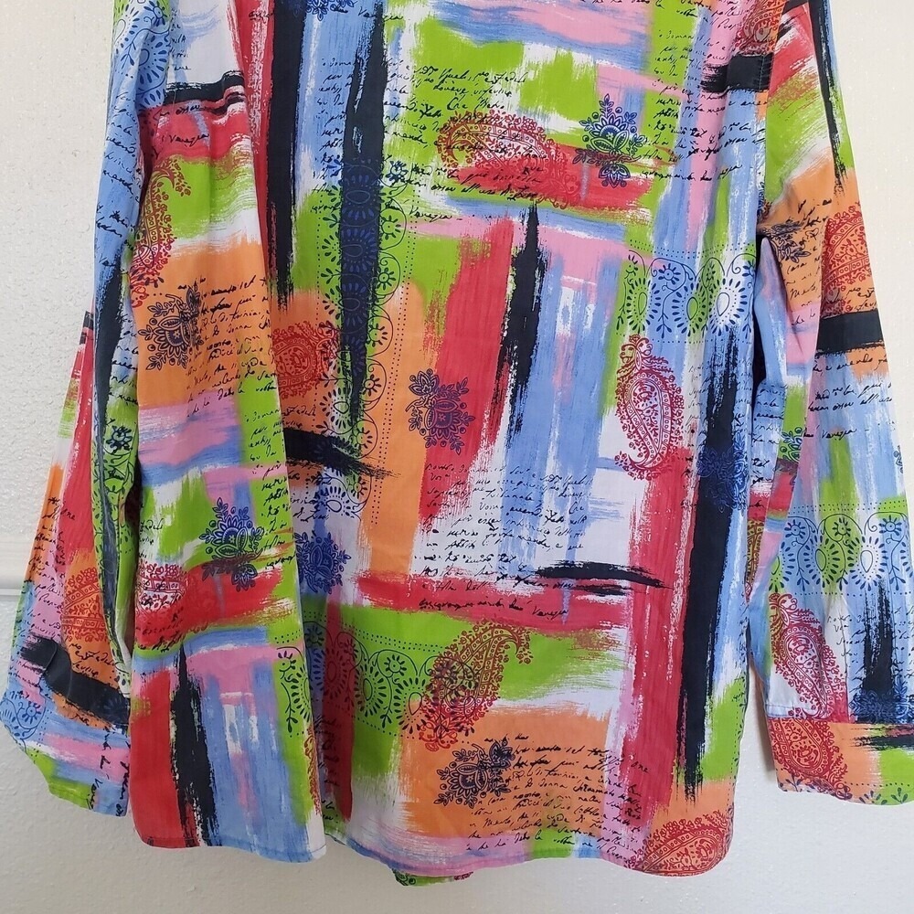 TravelSmith Womens XL Abstract Paisley Script Print Button Up Shirt Multi-Color - Picture 8 of 14